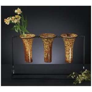  Set of 3 Raku Ceramic Vases w/ Black Wrought Iron Stand 