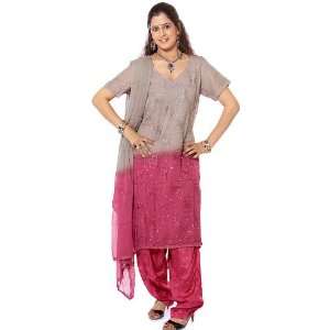 Gray and Magenta Salwar Kameez Suit with Crewel Embroidery and Sequins 
