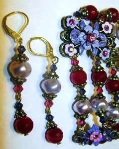 Ruby Quartz~Swarovski Florals~Pink Purple Crystals~Bracelet Earring 