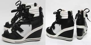 Womens Black White Strap Open Toe Sneakers Zip Wedge High Heel US 5~8 