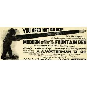  1906 Ad Deep Sea Diver A A Waterman Fountain Pen Self 
