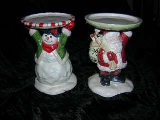 Pair Avon Christmas Snowman & Santa Pillar Candle Hold  