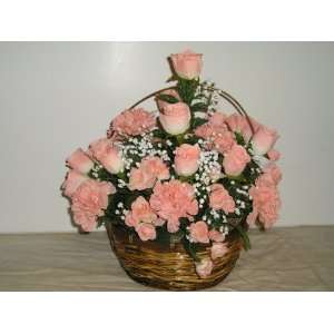  Peach Silk Rose and Carnation Flower Basket