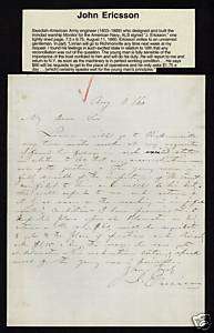 John Ericsson   Civil War Ironclad Monitor 1860 Letter  