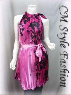 Pleat Cut Out Floral Print Swing Satin Dress Pink OS  
