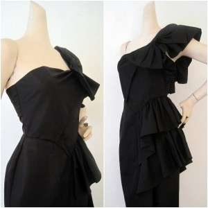 Vintage Ultimate 80s Black Ruffled Asymmetrical Party Dress Gown S XS 
