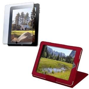  For Apple® iPad® Red Leather Case W/ Kick Stand + Lcd 