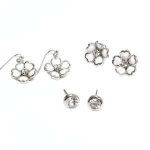 Flower Dangle And Stud Earrings; 1L, .75L, And 10mm; Silver Metal 
