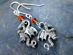 Winged dragon earrings, fiery orange crystal, sterling silver hooks 