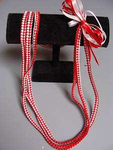 Hawaiian 1/8 inch Ribbon Triple Strand Lei Red White  