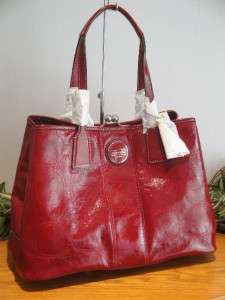 NEW COACH SIGNATURE STITCHED PATENT LEATHER RED CARRYALL BAG 15658 