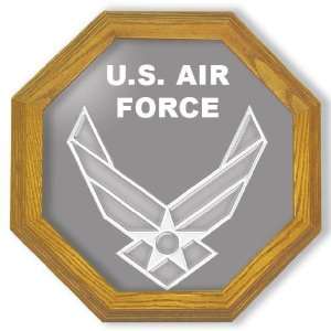  Etched Mirror Air Force Emblem in Solid Oak Octagon Frame 