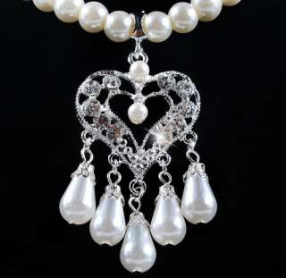 W21948 Heart Tassels Pendant White Imitate Pearl Crystal Necklace 
