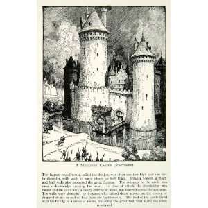  1943 Print Medieval Castle Donjon Towers Moat Fortress 