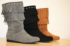 NIB Womans Mid Knee Faux Suede Moccasin Style Fringe Boots Flat 
