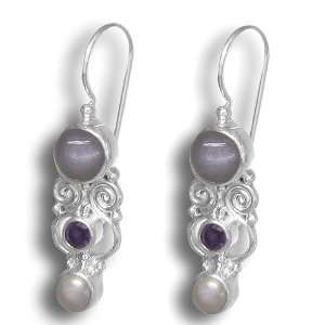   Silver Grey Moonstone, Iolite, White Pearl Earrings by Sajen Jewelry