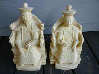 Faux Ivory Chinese Seated Emperor & Empress Statues Bookends Big 