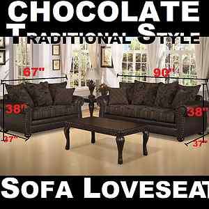   Traditional Chocolate Chenillle Sofa Loveseat Couch 2 Pc Set Furniture
