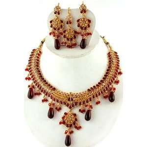   Necklace with Earrings and Mang Tika Set   Copper Alloy with Cut Glass
