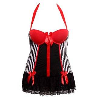   Size Black Red White Stripe Halter Bustier with Lace Hem G String Set