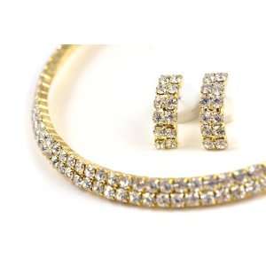  Gold Tone Rhinestone 2 Row Choker Bridal Necklace Earrings 