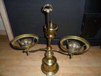 ANTIQUE Vintage VICTORIAN BRASS DOUBLE STUDENT OIL LAMP WHITE SATIN 