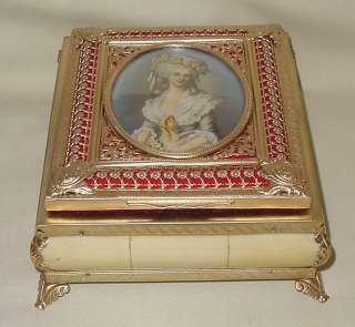 OLD FILIGREE BRASS PAINTING LADY MINIATURE SIGNED JEWELRY VANITY BOX 6 