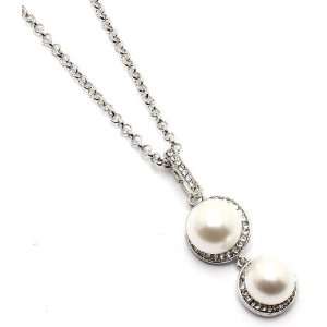  Crystal Stud Silver Tone Cream Double Pearl Charm Necklace 