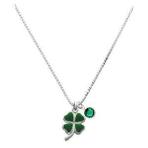 Green Four Leaf Clover with Heart Leaves Charm Necklace with Emerald 