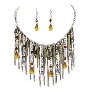  Charm Statement Necklace Set; 18L; Burnished Gold And Copper Metal 