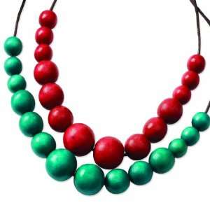    Silver Tone Red & Teal Hamba Wood Brown Wax Cord Necklace Jewelry