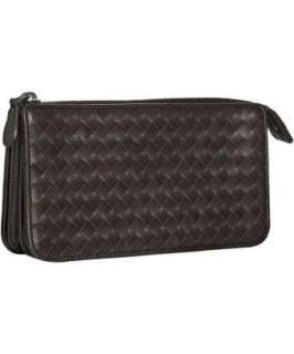 Bottega Veneta brown basketwoven leather zip top wallet   up 