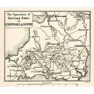  1893 Lithograph Map Cornwall Devon Army English Civil War 