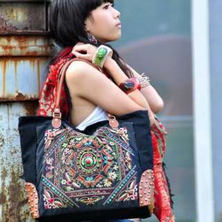 Hobo Ethnic Canvas Embroidered Shoulder Bag Hand Bag BLACK   Bohemian 