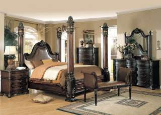   Walnut Brown King Canopy Poster Leather Marble Bed Bedroom Set  