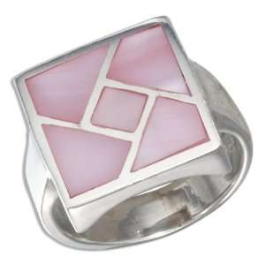  Sterling Silver Square Mosaic Inlay Pink Mother Of Pearl 