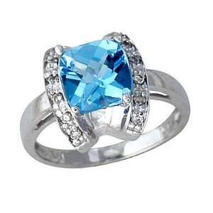  Cushion Cut Blue Topaz and Diamond Ring 14k White Gold 