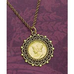 Gold Layered Mercury Dime Antique Goldtone Beaded Coin Pendant Coin 