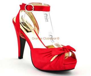 PINUP Red Satin Womens Retro High Heels Open Toe Shoe  