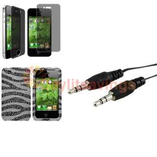 Black Zebra Diamond Case+Privacy Pro+3.5mm Cable For iPhone 4 s 4s 4th 