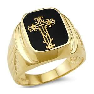   New Solid 14k Yellow Gold Mens Unique Onyx Cross Ring Jewelry