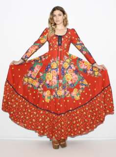   Rare 70s Red GUNNE SAX boho Hippie Prairie Floral CORSET Maxi Dress S