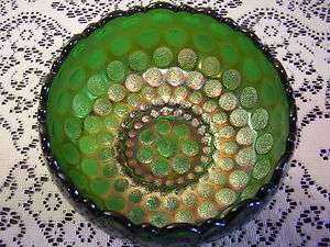 Antique Fenton Carnival Glass Green Coin Dot Rose Bowl  