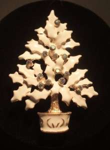   Rhinestones on a White Enamel Christmas Tree Pin   Lead Safe  