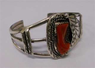 NATIVE AMERICAN STERLING SILVER BRACELET WITH LARGE CORAL STONE  
