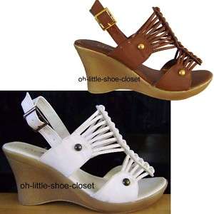 Brown & White Dress Casual Wedge Walking Heel Sandal Shoes Size 5 
