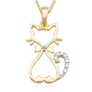   Gold Plated Sterling Silver Diamond Accent Cat Pendant, 18 Jewelry