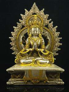 Tibetan Silver Plated Gold Gilt Seated Buddha Statue  