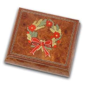 Perfect Hand Inlaid Wreath Soild Wooden Music Jewelry Box, Christmas 