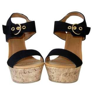 Trendy Chic Open Toe Canvas Ankle Strap Cork Platform Wedge Sandal 